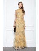 Gold A-line High Neck Embroidery Floor-length Evening Dress