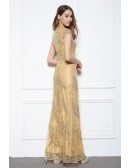 Gold A-line High Neck Embroidery Floor-length Evening Dress