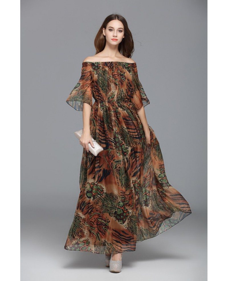 A-line hanging neck collar off shoulder sleeveless backless and floor length evening dress