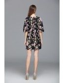 A-line Scoop Neck Floral Print Short Fashion Dress With Sleeves