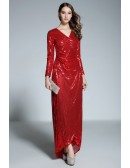 Red A-line V-neck Floor-length Sequined Evening Dress With Sleeves