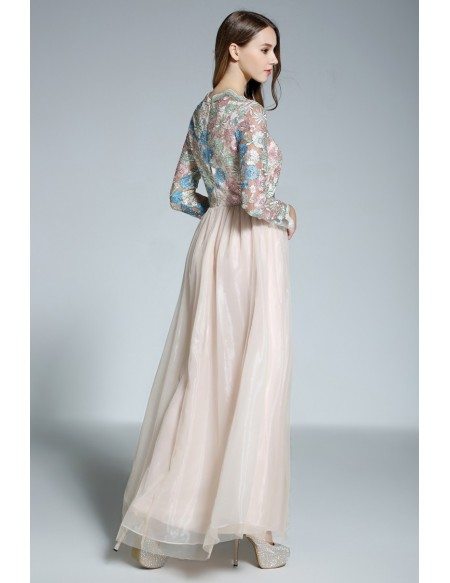 A-line Scoop Neck Embroidery Organza Floor-length Evening Dress