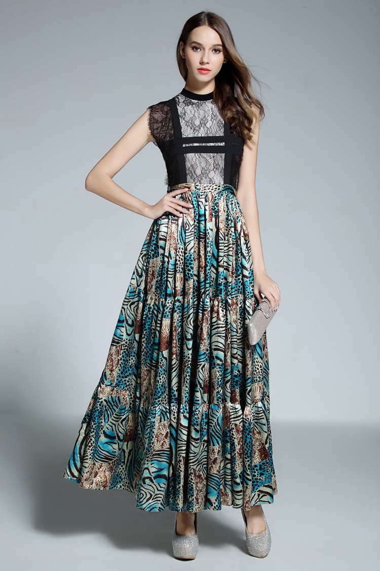 A-line High Neck Floral Print Floor-length Evening Dress With Lace # ...