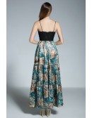 A-line V-neck Floral Print Floor-length Evening Dress With Lace