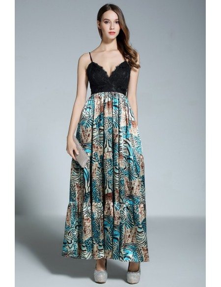 A-line V-neck Floral Print Floor-length Evening Dress With Lace