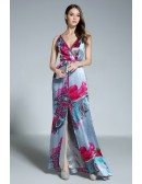 A-line V-neck Floral Print Floor-length Evening Dress With Split