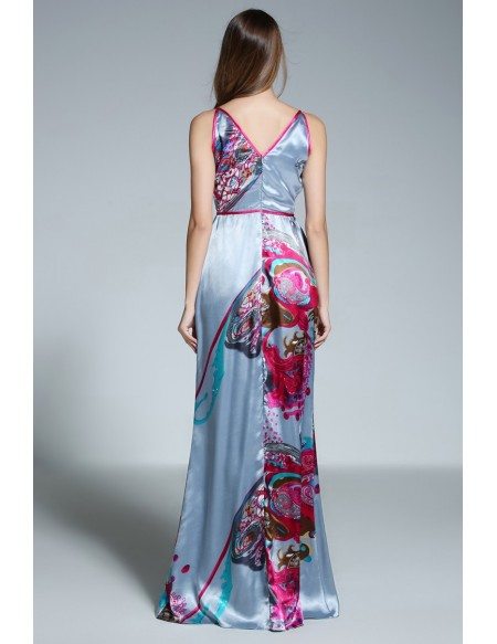A-line V-neck Floral Print Floor-length Evening Dress With Split