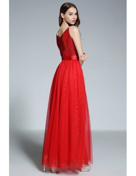 A-line V-neck Tulle Floor-length Red Evening Dress With Sequins