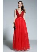 A-line V-neck Tulle Floor-length Red Evening Dress With Sequins