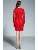 Sheath Scoop Neck Lace Short Red Formal Dress With Sleeves