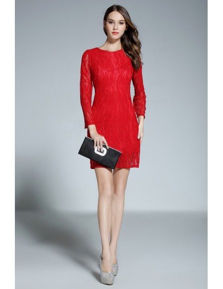 Sheath Scoop Neck Lace Short Red Formal Dress With Sleeves #DK368 $54.9 ...