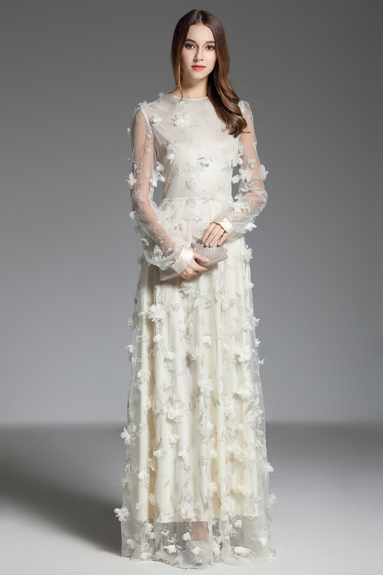 Metallic Satin Scoop Neck Floor-Length Formal Dresses Shift Dresses with 3D Flower main image 0