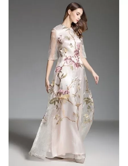 A-line High Neck Embroidery Organza Floor-length Evening Dress