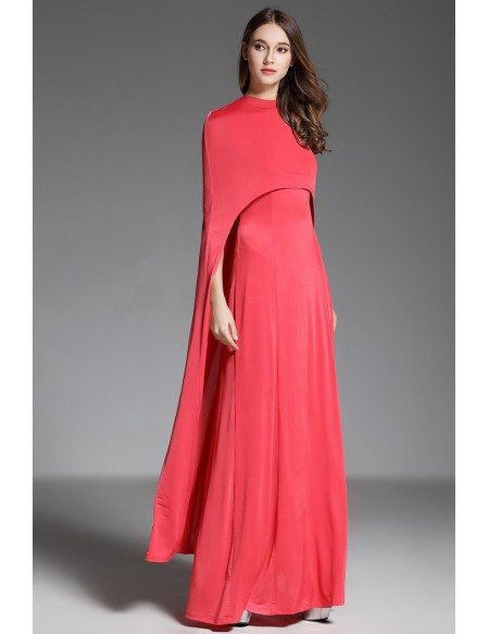 A-line V-neck Floor-length Red Evening Dress With Cape