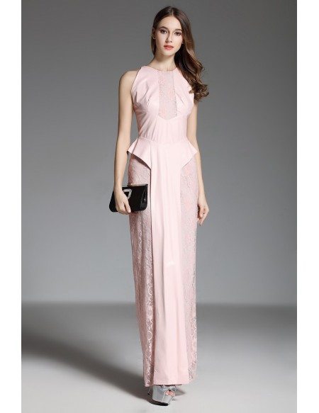 Sheath High Neck Pink Lace Floor-length Evening Dress