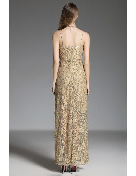 A-line V-neck Lace Floor-length Gold Evening Dress With Split
