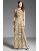 A-line V-neck Lace Floor-length Gold Evening Dress With Split