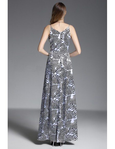 A-line V-neck Printed Floor-length Evening Dress