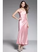 A-line V-neck Ankle-length Silk Pink Evening Dress