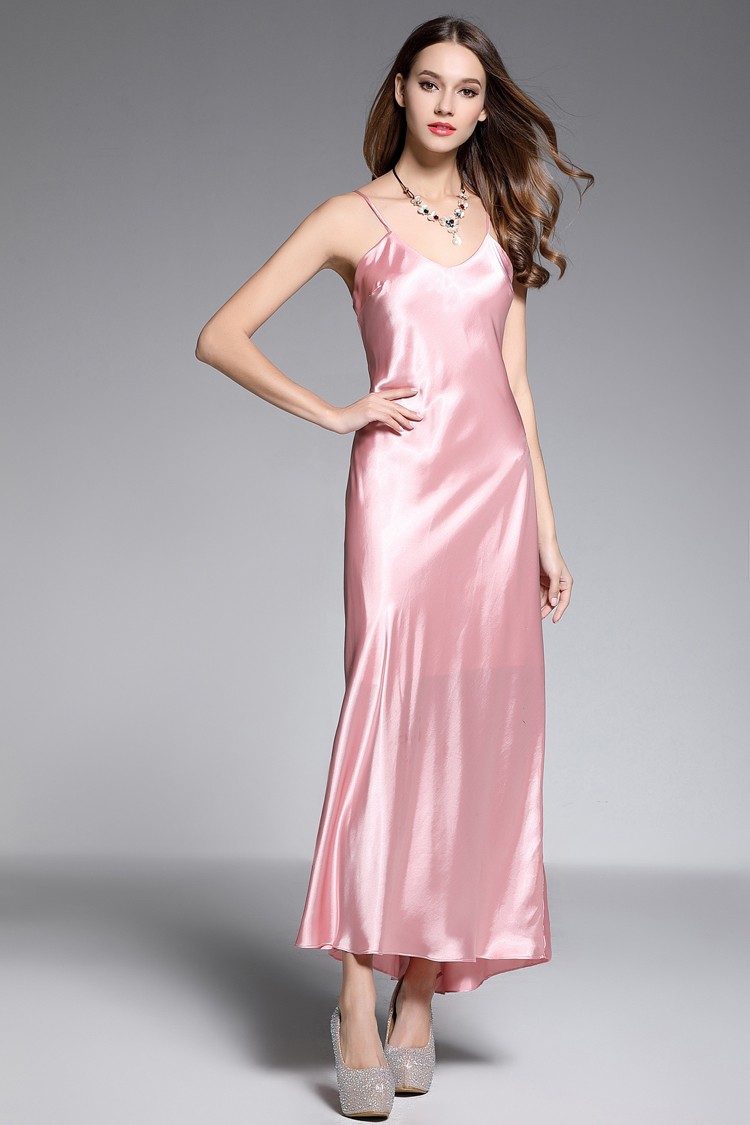A-line V-neck Ankle-length Silk Pink Evening Dress #CK599 $53 ...