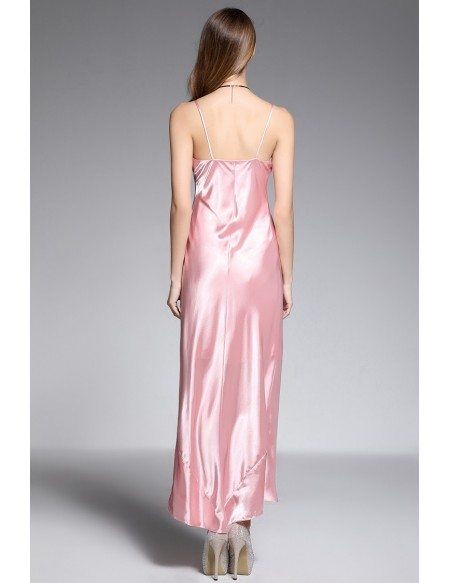 A-line V-neck Ankle-length Silk Pink Evening Dress