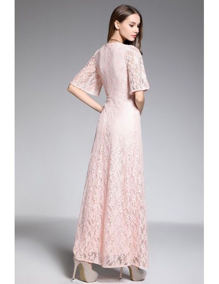 A-line V-neck Floor-length Lace Pink Evening Dress With Sleeves
