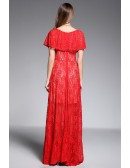 A-line Scoop Neck Floor-length Red Lace Evening Dress