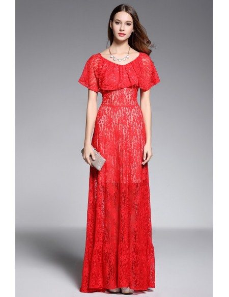 A-line Scoop Neck Floor-length Red Lace Evening Dress