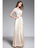 A-line V-neck Floor-length Champagne Evening Dress With Lace