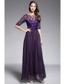 A-line Scoop Neck Floor-length Purple Evening Dress With Lace