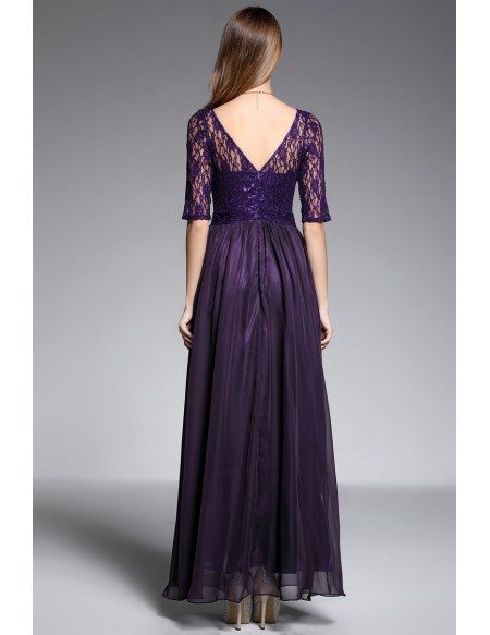 A-line Scoop Neck Floor-length Purple Evening Dress With Lace