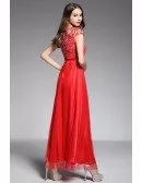 A-line Scoop Neck Floor-length Red Evening Dress With Embroidery
