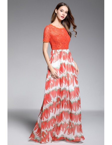 A-line Scoop Neck Floor-length Red Printed Evening Dress With Lace