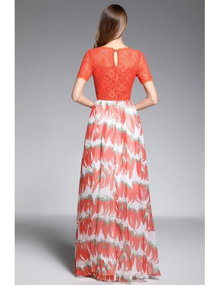 A-line Scoop Neck Floor-length Red Printed Evening Dress With Lace