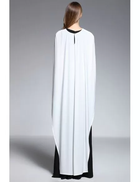 A-line V-neck Floor-length Black and White Evening Dress With Cape