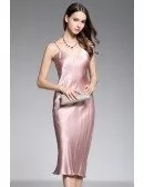 Sheath V-neck Tea-length Rose Pink Silk Evening Dress