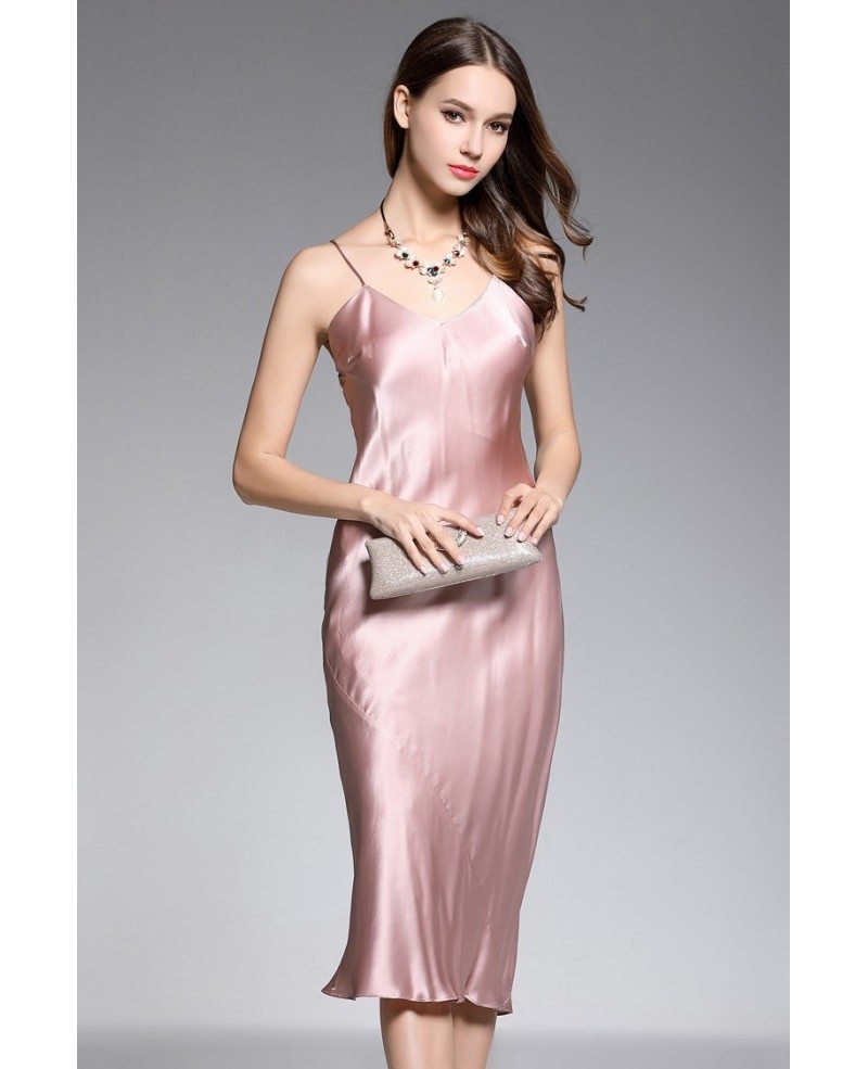 Sheath Vneck Tealength Rose Pink Silk Evening Dress 