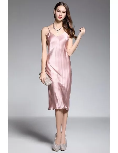 Sheath V-neck Tea-length Rose Pink Silk Evening Dress