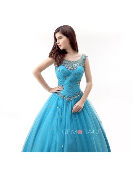 Ball-Gown Scoop Neckt Sweep Train Tulle Prom Dress With Ruffles Beading