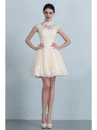 Unique High Neck Lace Cap Sleeve Mini Tulle Wedding Dress
