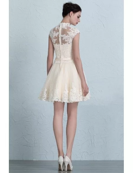 Unique High Neck Lace Cap Sleeve Mini Tulle Wedding Dress