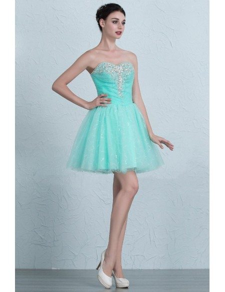 Pool Blue Beaded Sweetheart Mini Short Tulle Homecoming Prom Dress