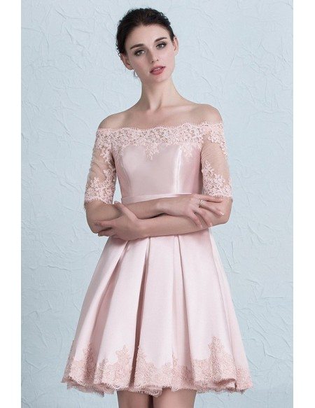 Pink Of the Shoulder Lace Wedding Party Dress with Lace Sleeve
