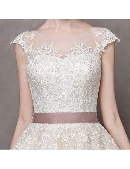 Ivory High Neck Lace Cap Sleeve Knee Length Wedding Dress with Sash