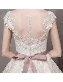 Ivory High Neck Lace Cap Sleeve Knee Length Wedding Dress with Sash
