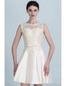High Neckline Lace and Satin Short Wedding Party Dress with Corset Back