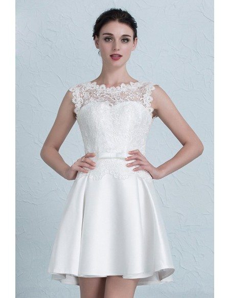 High Neckline Lace and Satin Short Wedding Party Dress with Corset Back