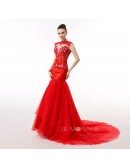 Mermaid Scoop Neck Court Train Tulle Prom Dress With Appliquer Lace
