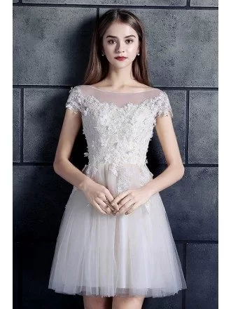 White High Neck Lace Cap Sleeve A-line Short Tulle Wedding Dress