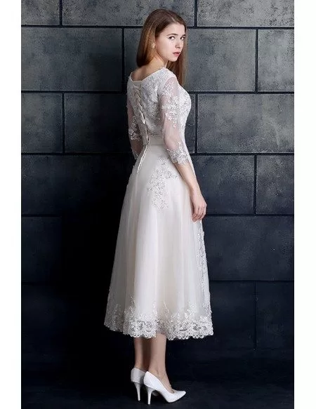 Vintage Tea Length Lace Tulle A-line White Wedding Dress 3/4 Sleeve